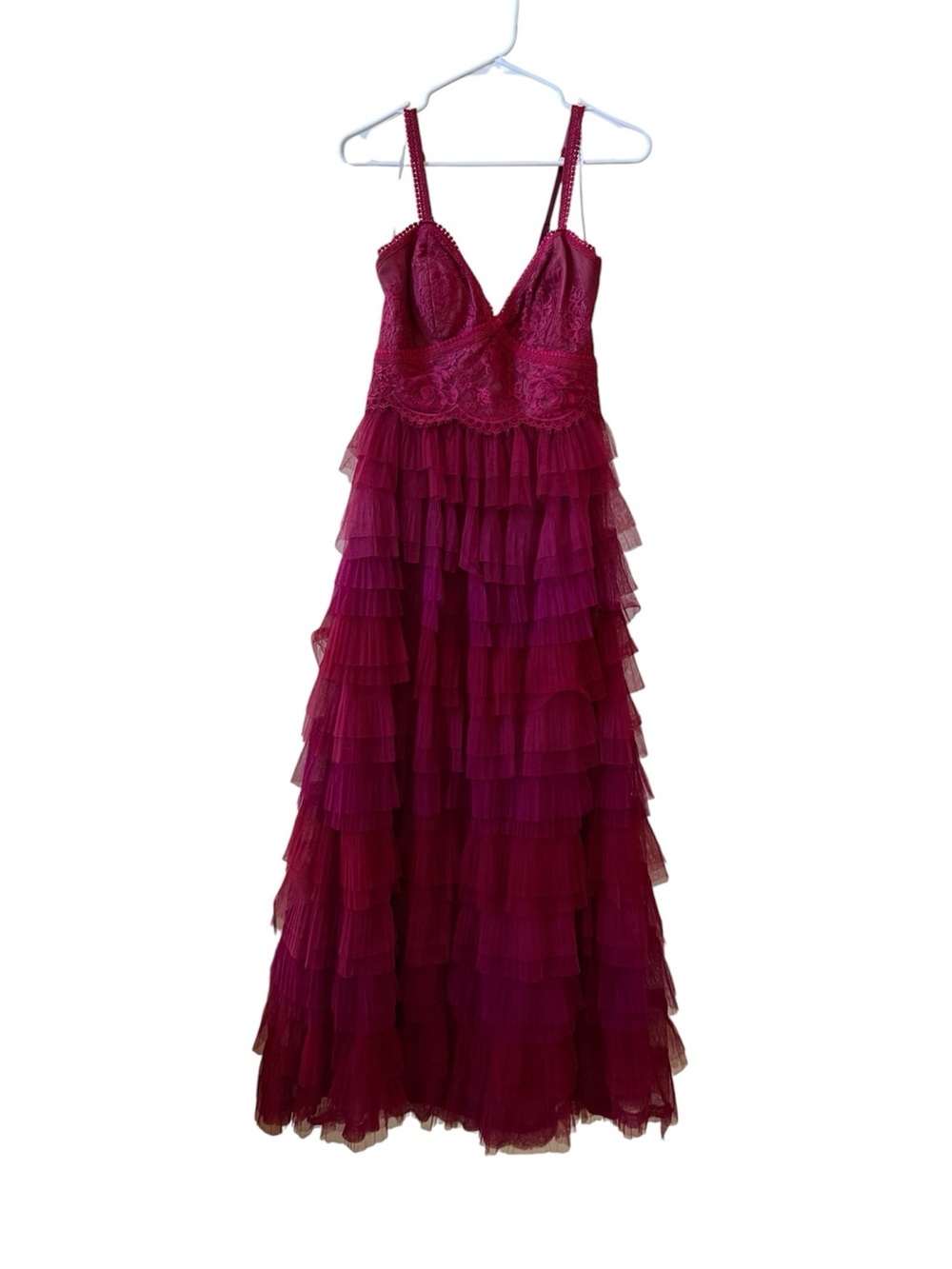 MARCHESA NOTTE Tulle Ruffled Evening Maxi Dress Berry Sz 4 - Picture 6 of 9